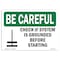 Signmission OSHA BE CAREFUL Sign, Check If System Is W/ Symbol, 18in X 12in Decal, 12" W, 18" L, Landscape OS-BC-D-1218-L-10020 - alternate 1